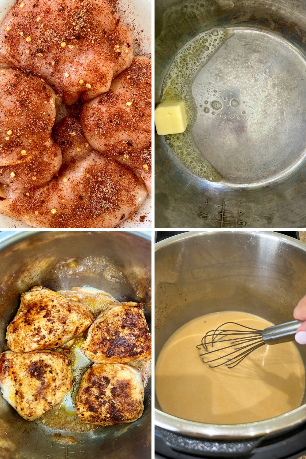 four photos showing how to make instant pot creamy parmesan chicken