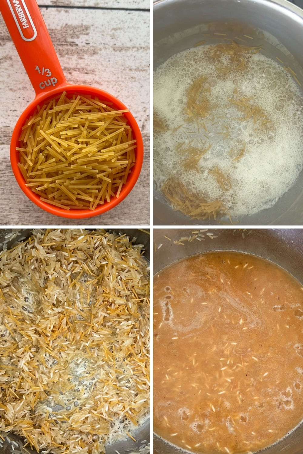 four photos showing how to make instant pot rice pilaf