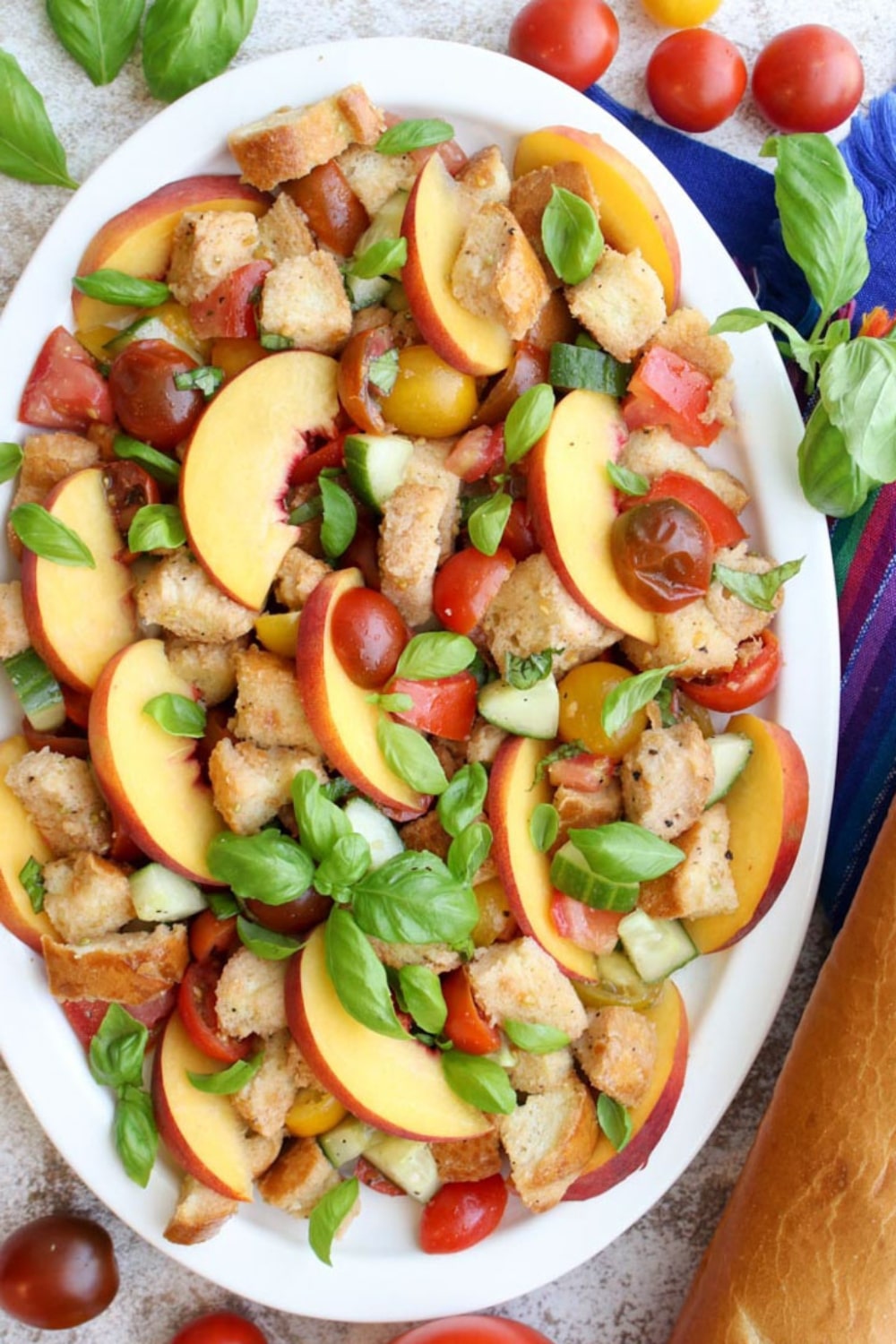 platter of panzanella peach bread salad