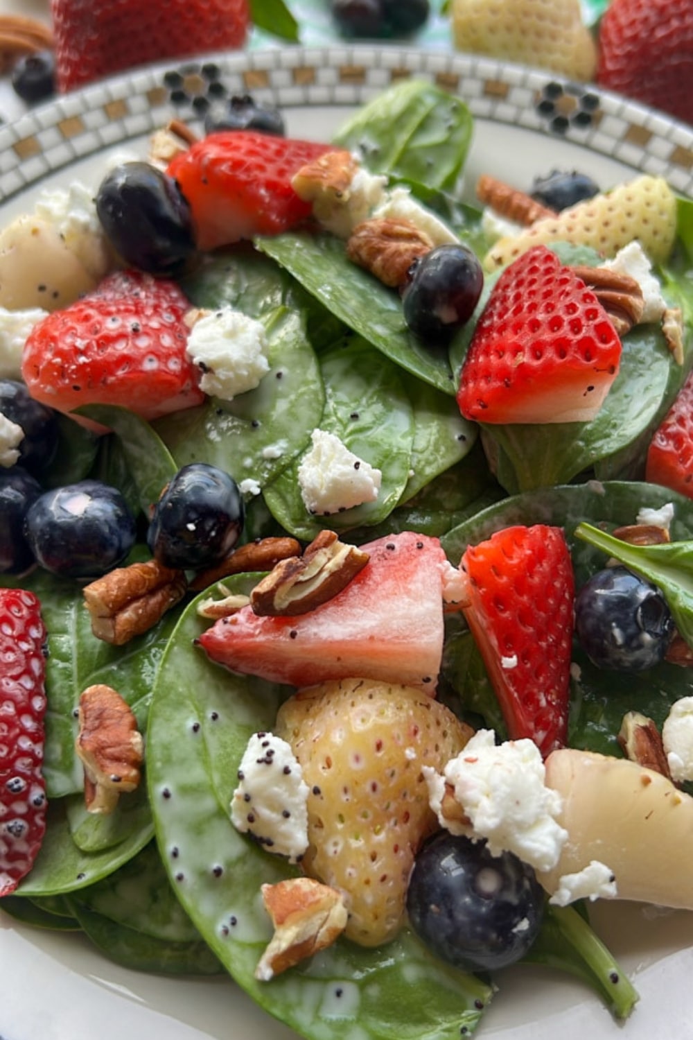 CLOSE UP SHOT OF RED WHITE BLUE SPINACH BERRY SALAD