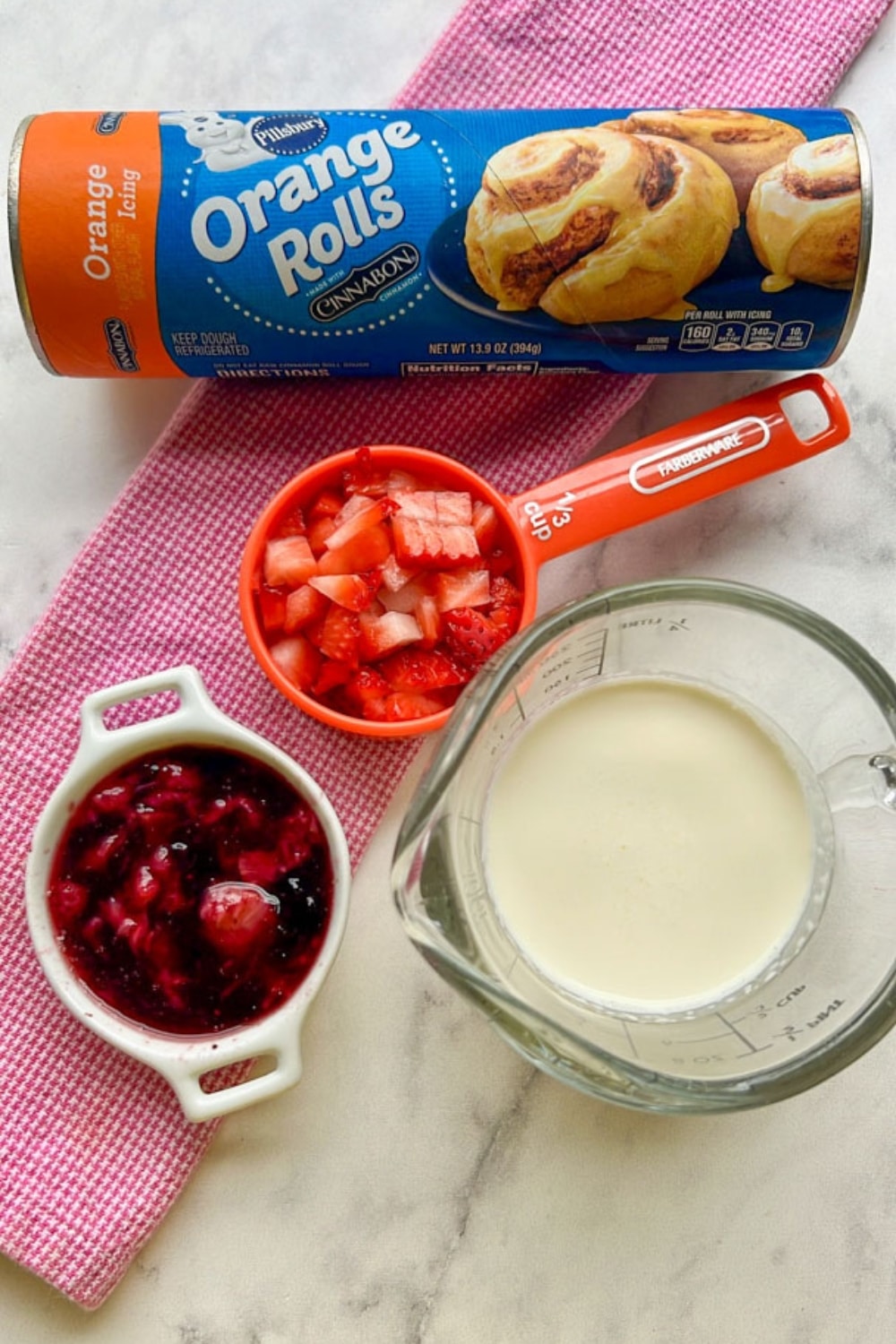 ingredients to make strawberry rolls with strawberry cream cheese frosting