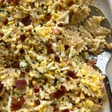 Platter of deviled egg pasta salad
