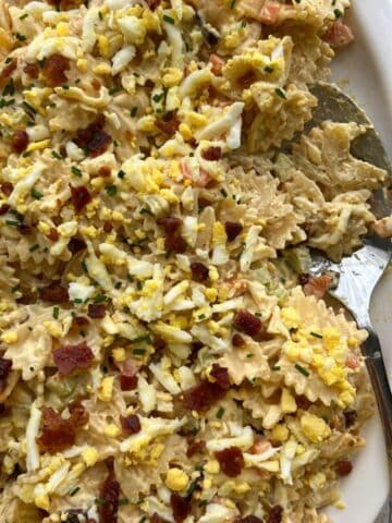 Platter of deviled egg pasta salad