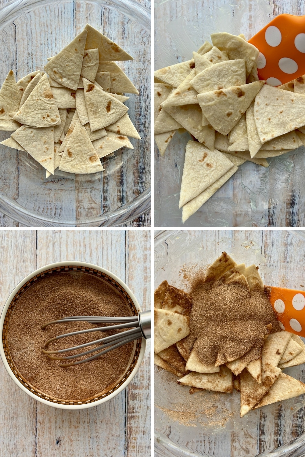 four photos showing how to make cinnamon sugar chips
