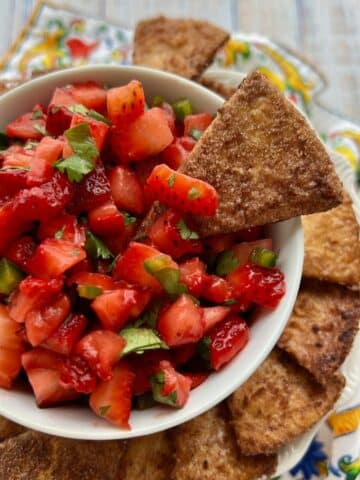 BOWL OF STRAWBERRY SALSA WITH CINNAMON CRISP
