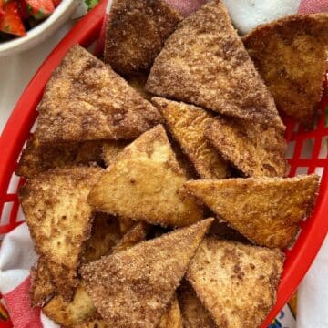 red basket of cinnamon sugar chips