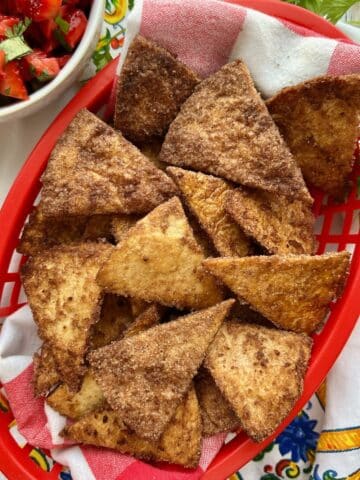 red basket of cinnamon sugar chips