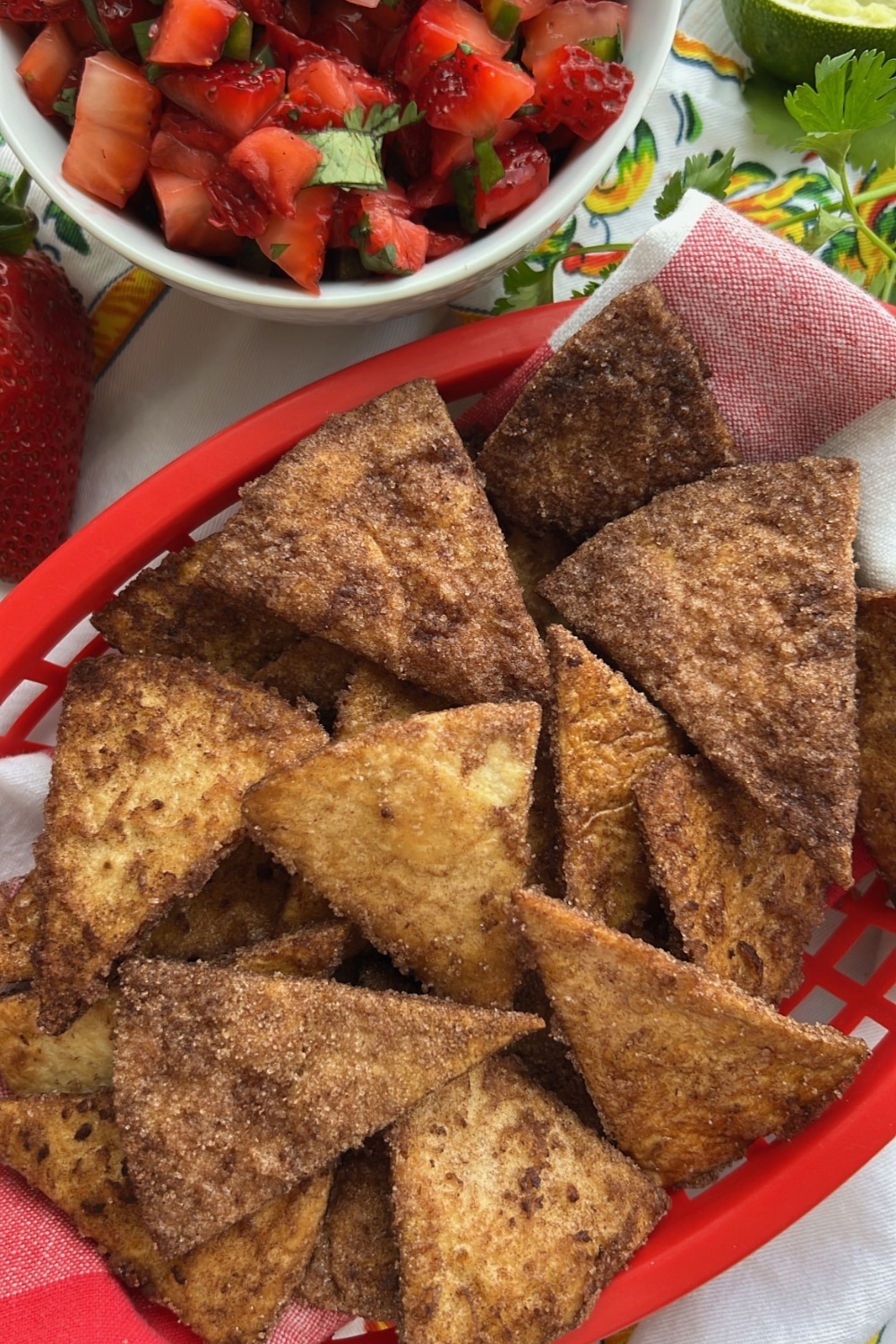 red basket full of cinnamon sugar chips