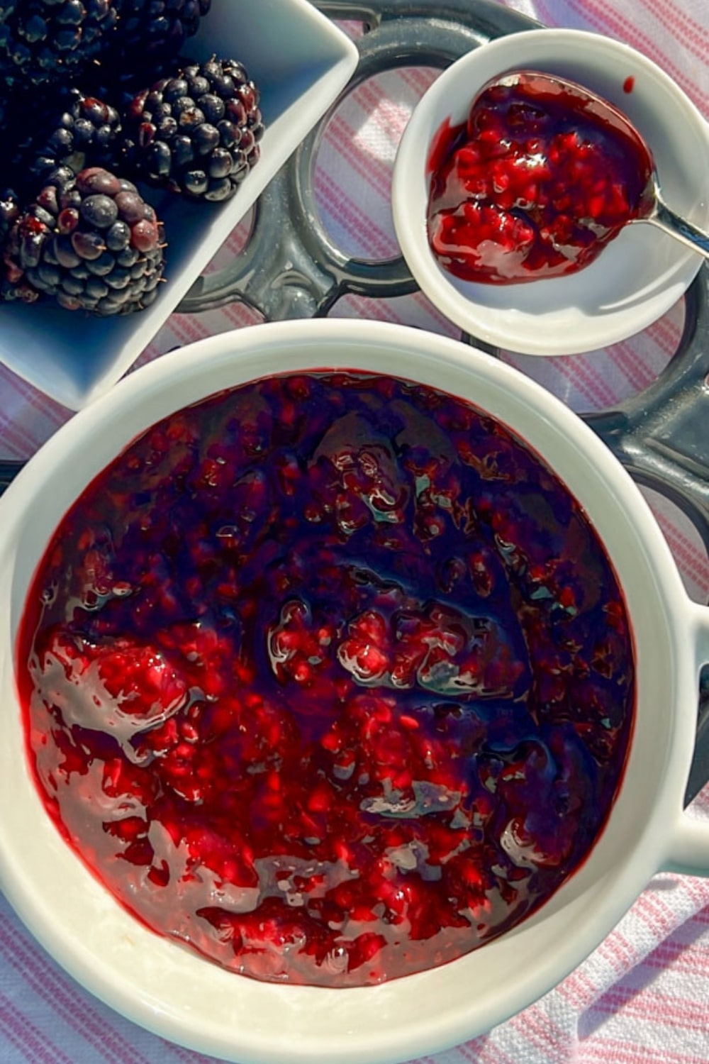 BLACKBERRY JAM IN A BOWL WITH A SIDE OF FRESH BERRIES