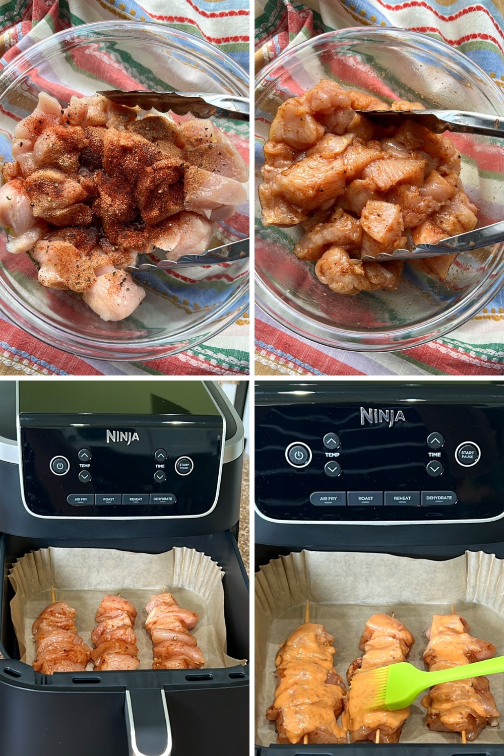 four photos shows how to make bang bang chicken skewers