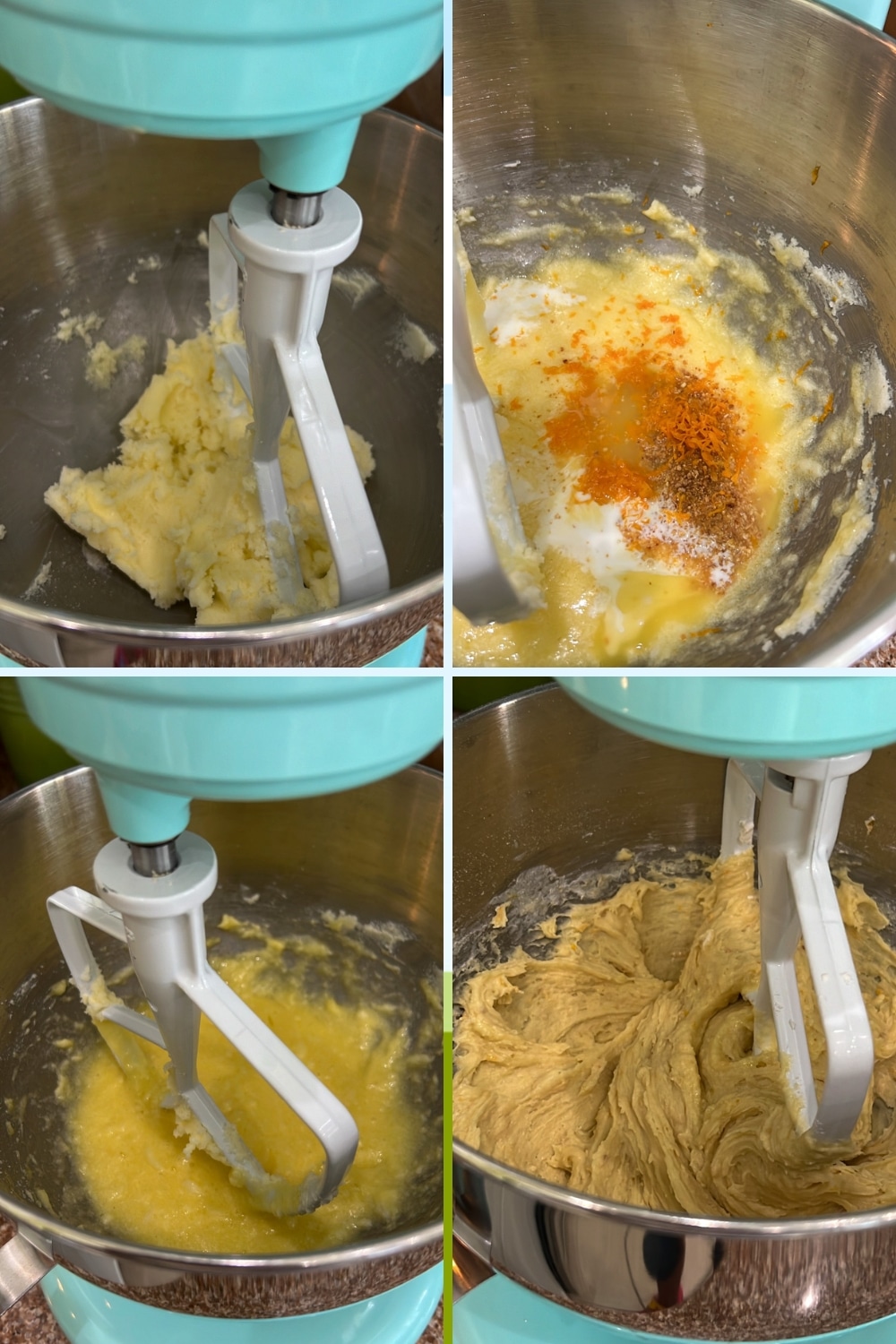 four photos showing how to make orange loaf cake