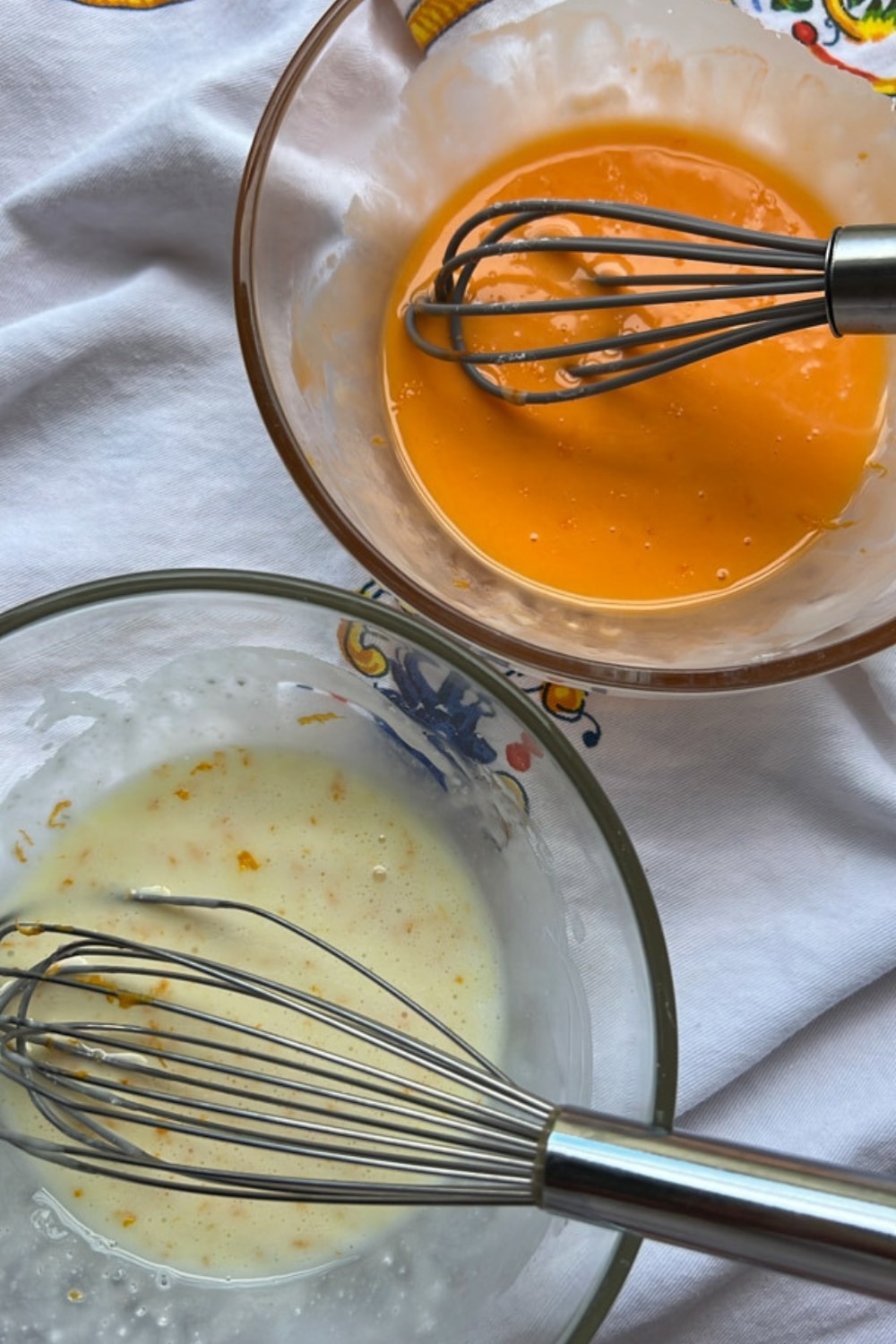 One bowl of white glaze and one bowl of orange glaze for orange loaf cake