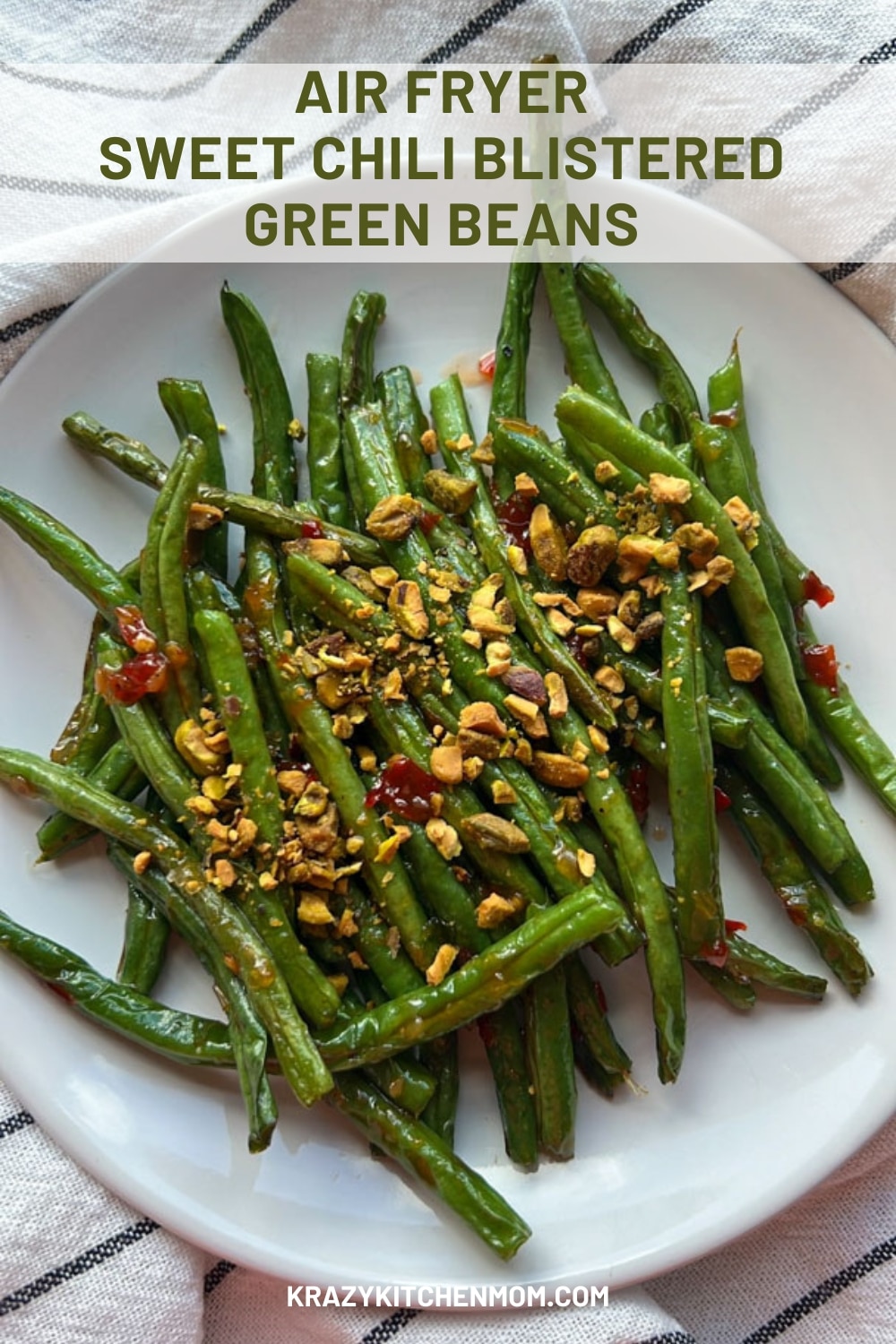 Easy, quick, sweet, and spices air fryer green beans are a perfect side dish. They blister just enough to keep them tender but still have a good bite. via @krazykitchenmom