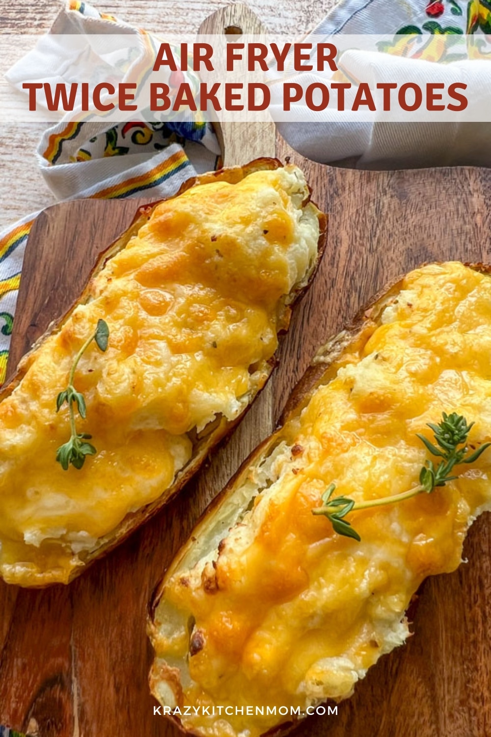 These easy and air fryer elegant twice-baked potatoes are crispy, creamy, and cheesy. They are the perfect side dish or a quick meal alone. via @krazykitchenmom