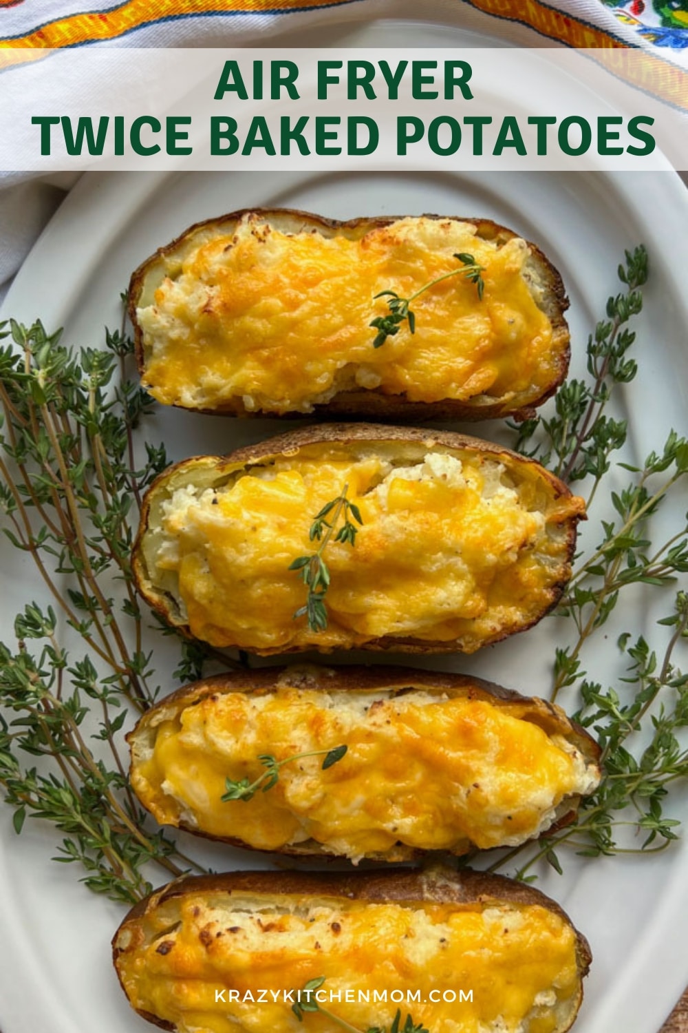These easy and air fryer elegant twice-baked potatoes are crispy, creamy, and cheesy. They are the perfect side dish or a quick meal alone. via @krazykitchenmom