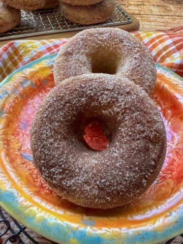 apple cider donuts on an orange plate