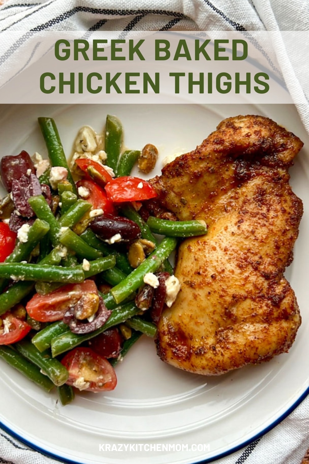Greek baked chicken thighs feature tender, juicy, flavorful chicken thighs marinated in bold Greek seasoning and baked to perfection.  via @krazykitchenmom