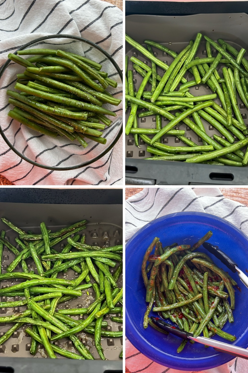 four photos showing how to make Air Fryer Sweet Chili Blistered Green Beans