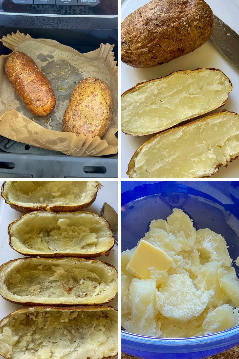 4 PHOTOS SHOWING HOW TO MAKE AIR FRYER TWICE BAKED POTATOES