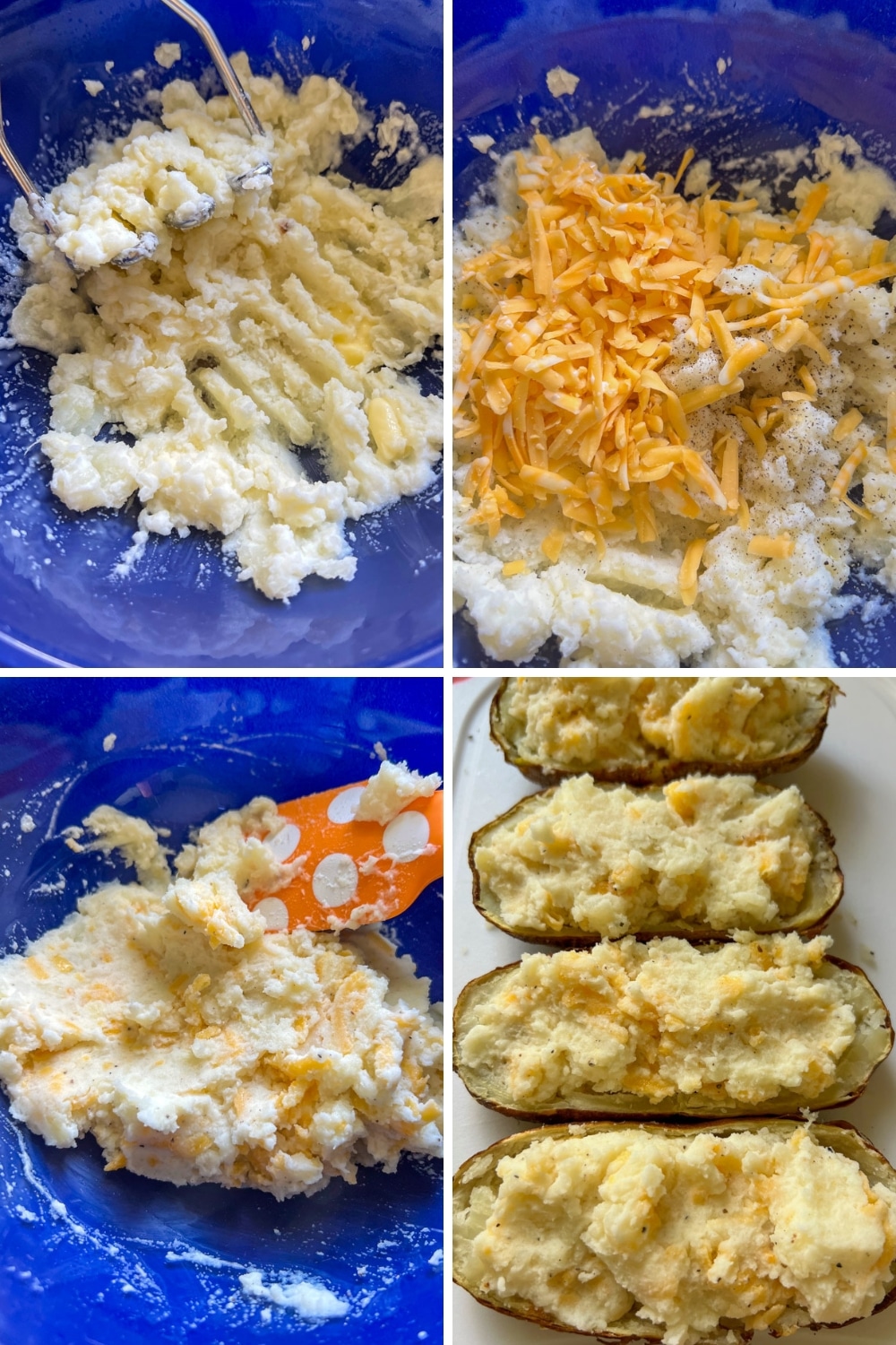 4 photos showing how to fill air fryer twice baked potatoes