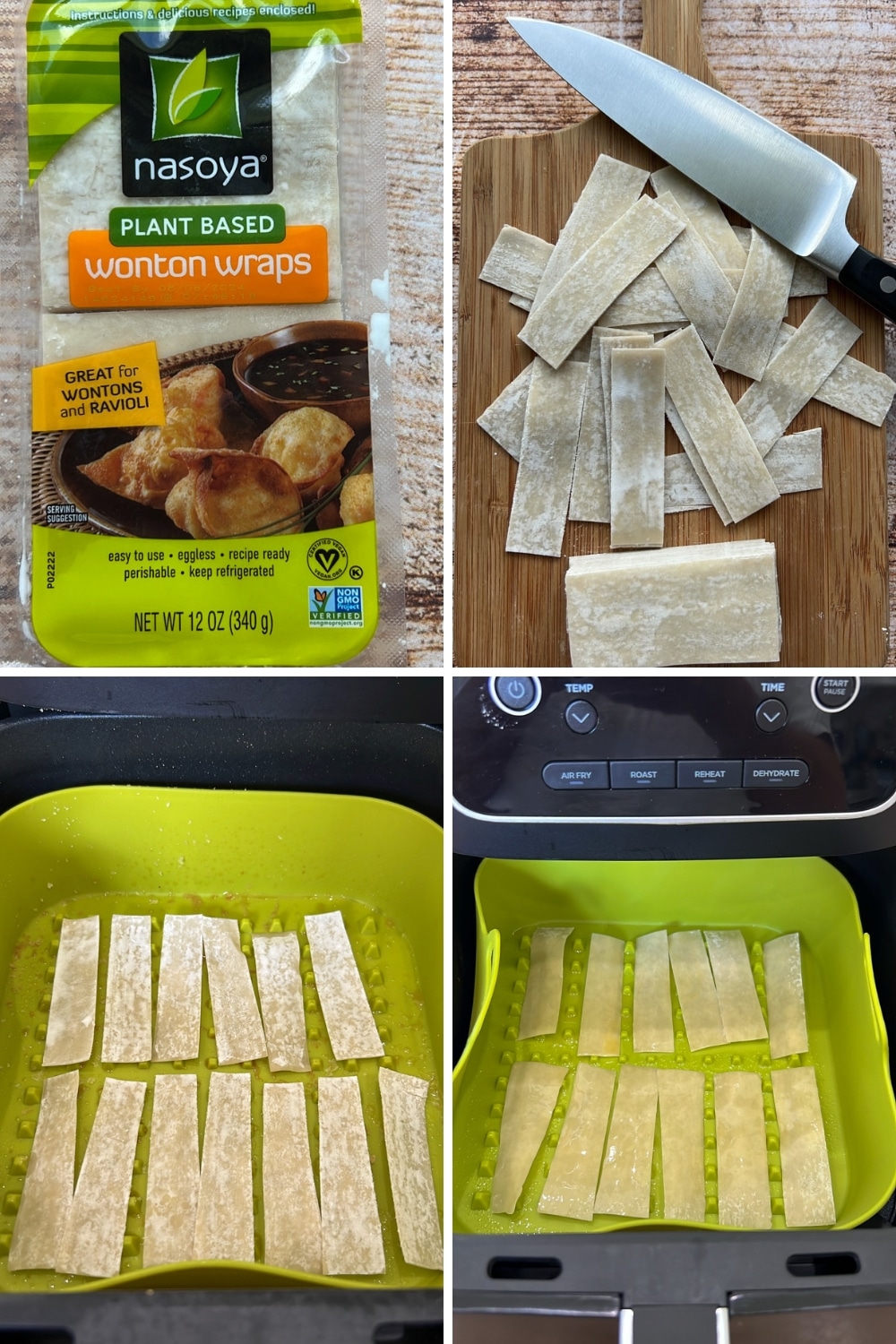 four photos showing how to make Air Fryer Wonton Strips