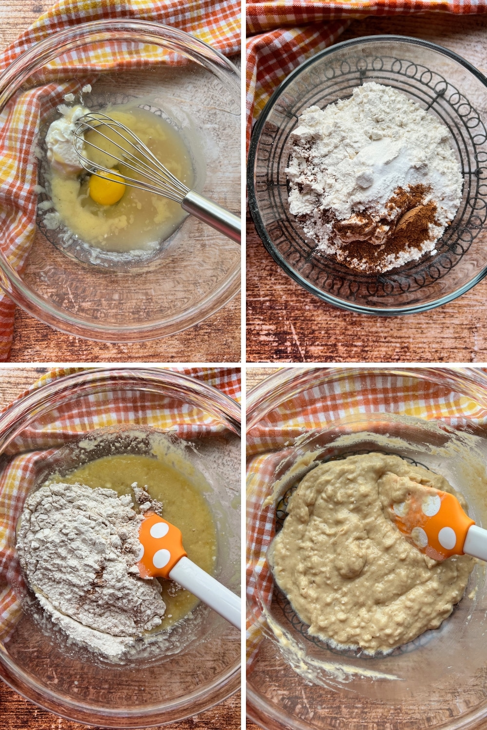four photos showing how to make apple cider donuts