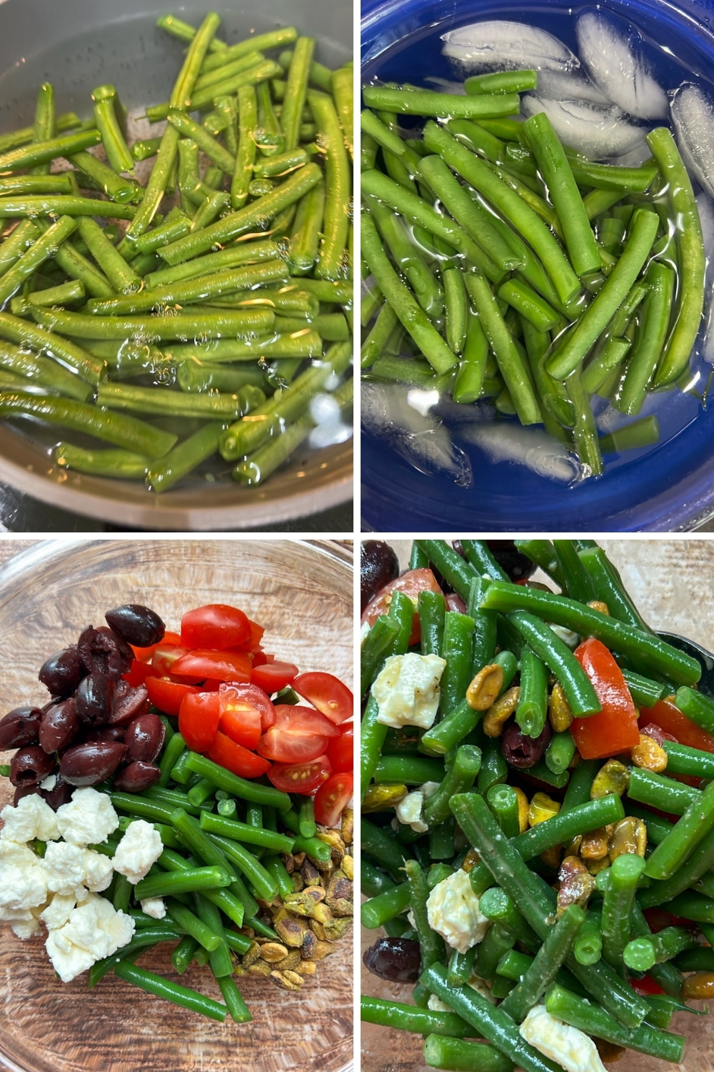4 photos showing how to make Green green bean salad