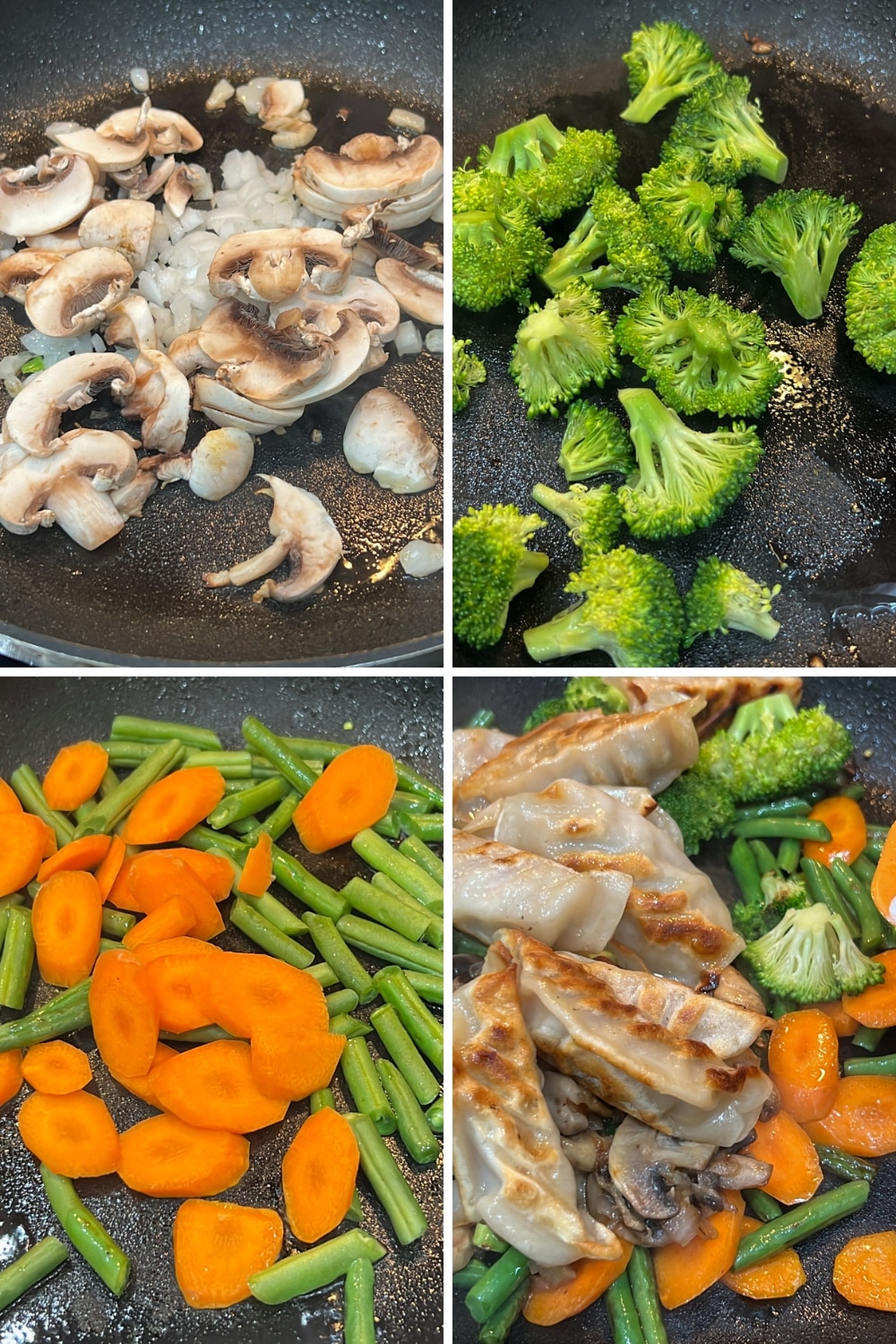 four photos showing how to make potsticker stir fry