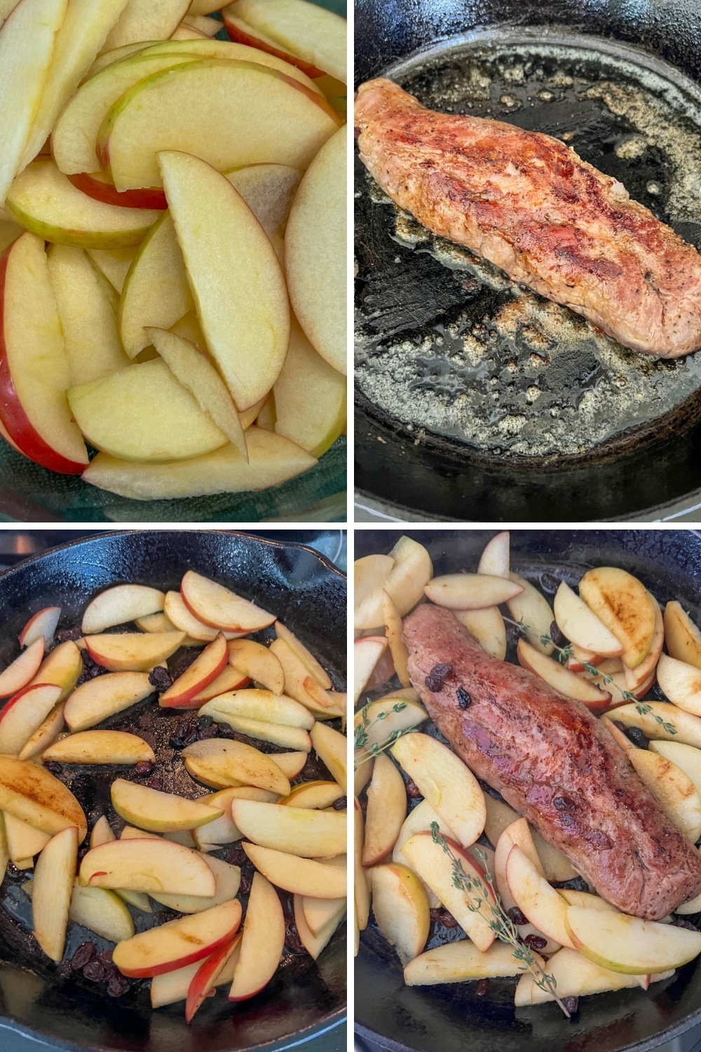 FOUR PHOTOS SHOWING HOW TO MAKE ROASTED PORK TENDERLOIN WITH APPLES