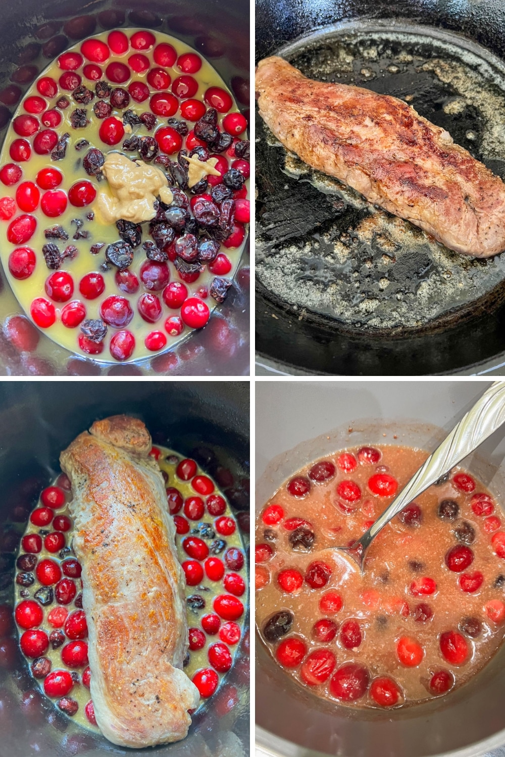 4 photos showing how to make slow cooker cranberry pork tenderloin