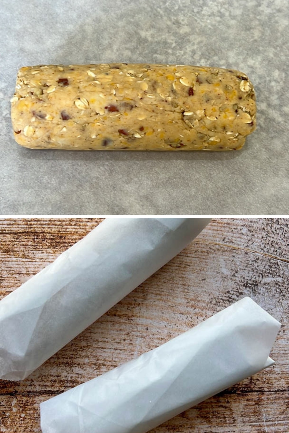 two photos showing how to roll cheesy pecan oat crisps