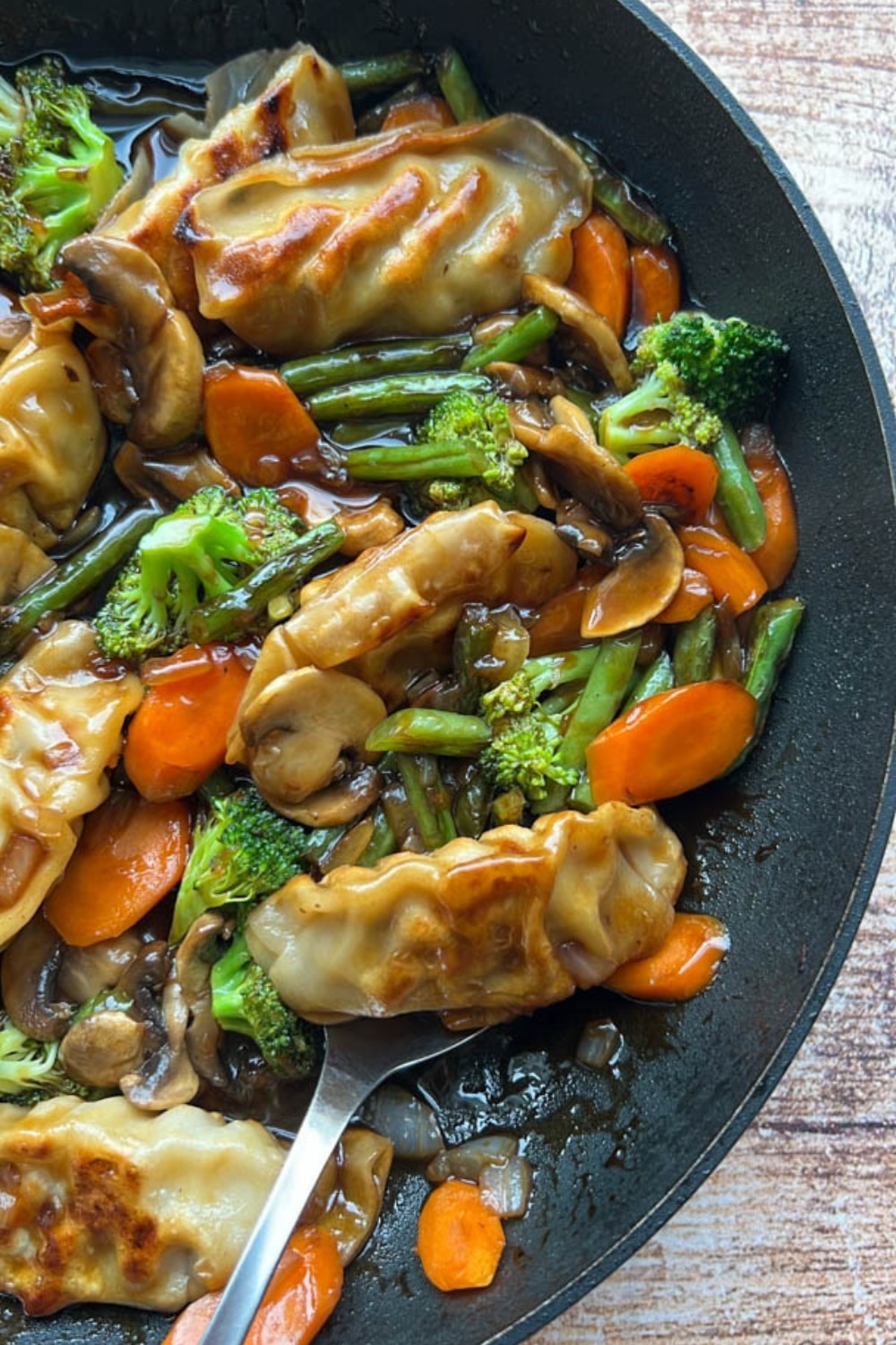 potsticker stir fry in a skilled