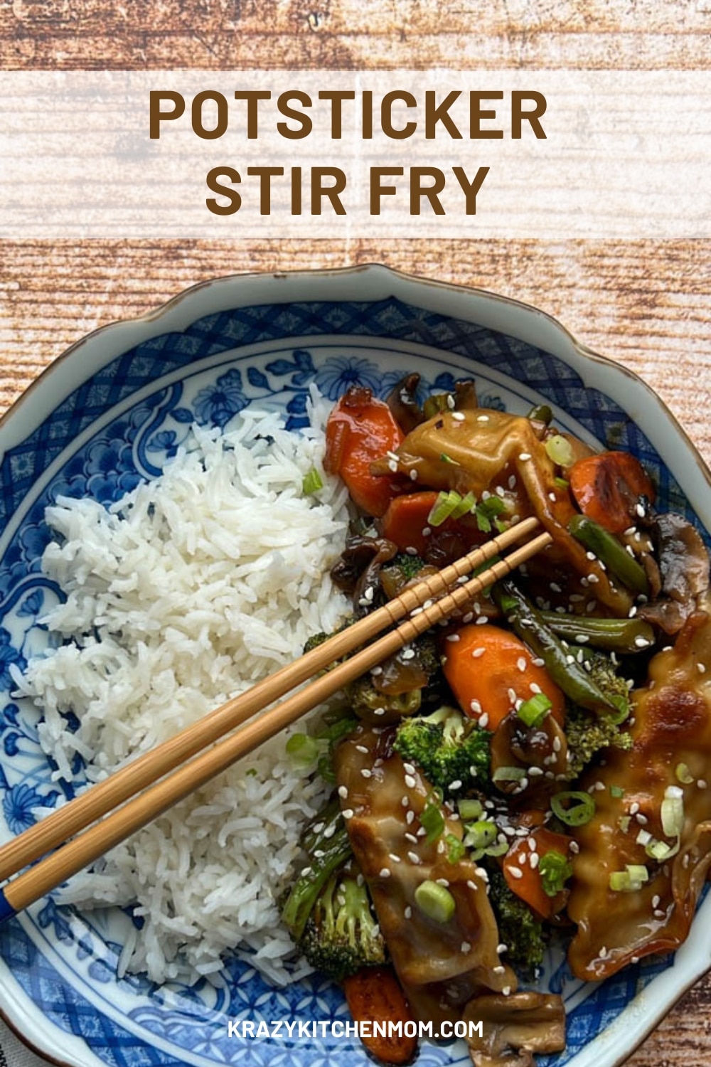 Potsticker stir fry is a quick, delicious dish with the savory flavors of potstickers with colorful vegetables cooked in a flavorful sauce. via @krazykitchenmom