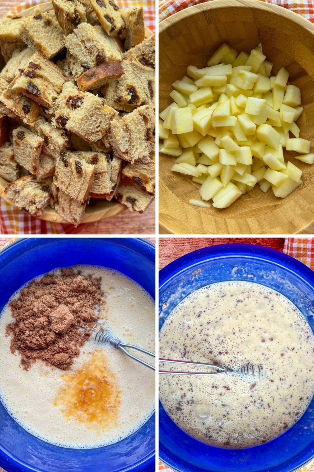 4 photos showing how to make Apple Cinnamon Raisin French Toast