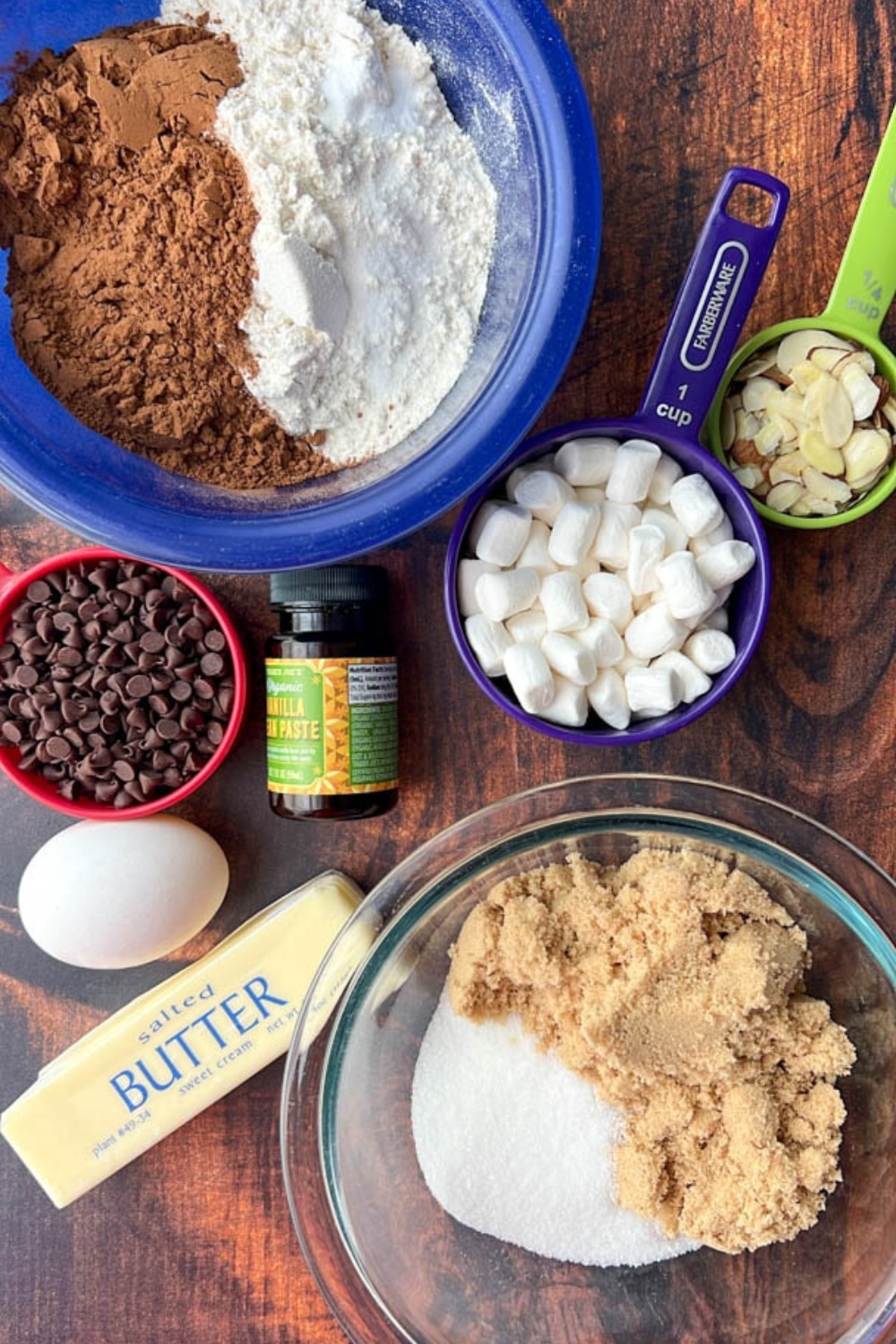 Ingredients to make rocky road chocolate cookies