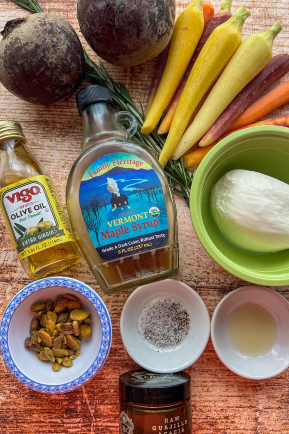 ingredients to make honey maple roasted beets and carrots with Burrata cheese
