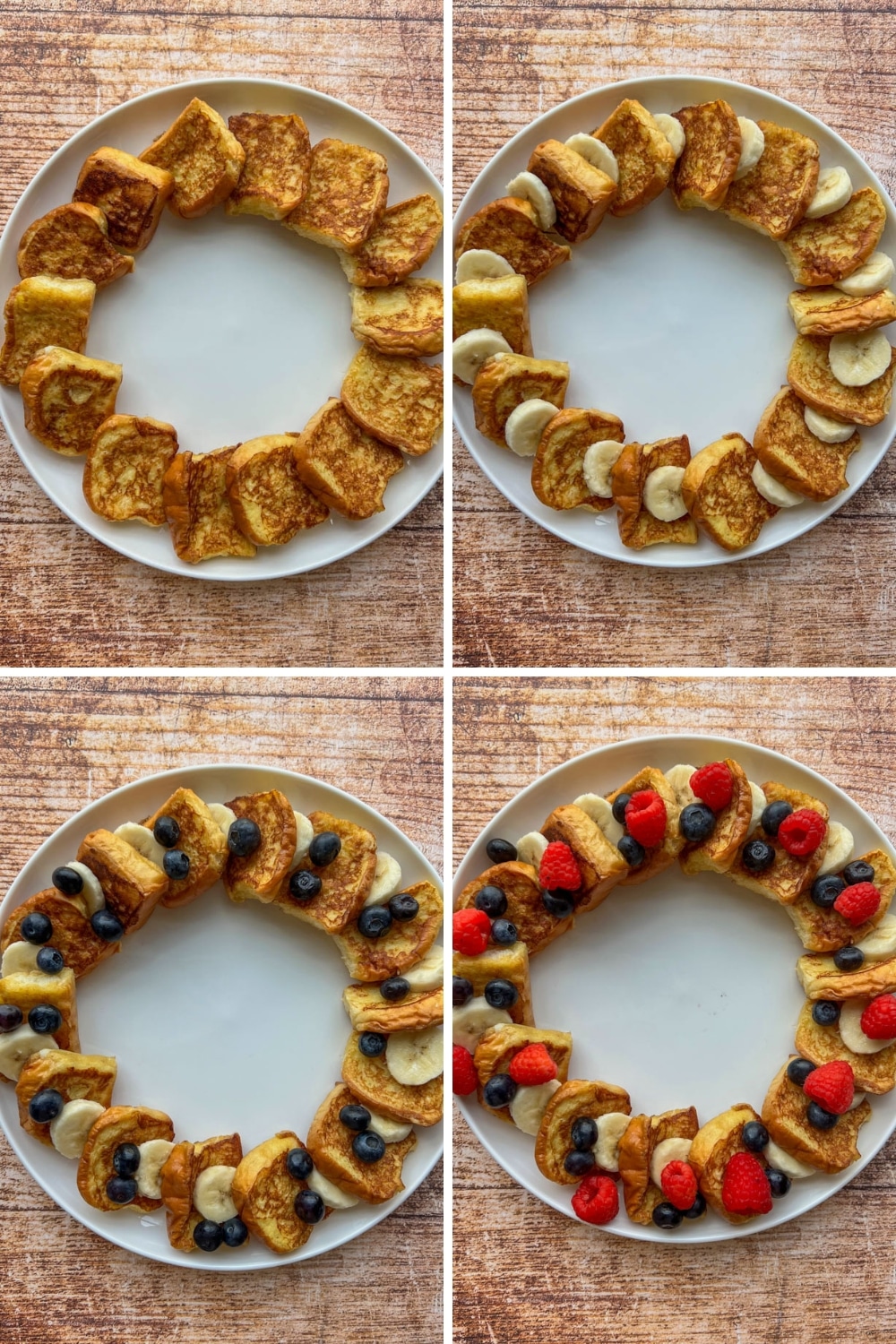 4 photos showing how to assemble a Hawaiian Roll French Toast Wreath.