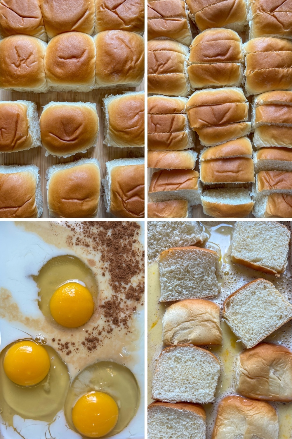 4 photos showing how to make Hawaiian Roll French Toast