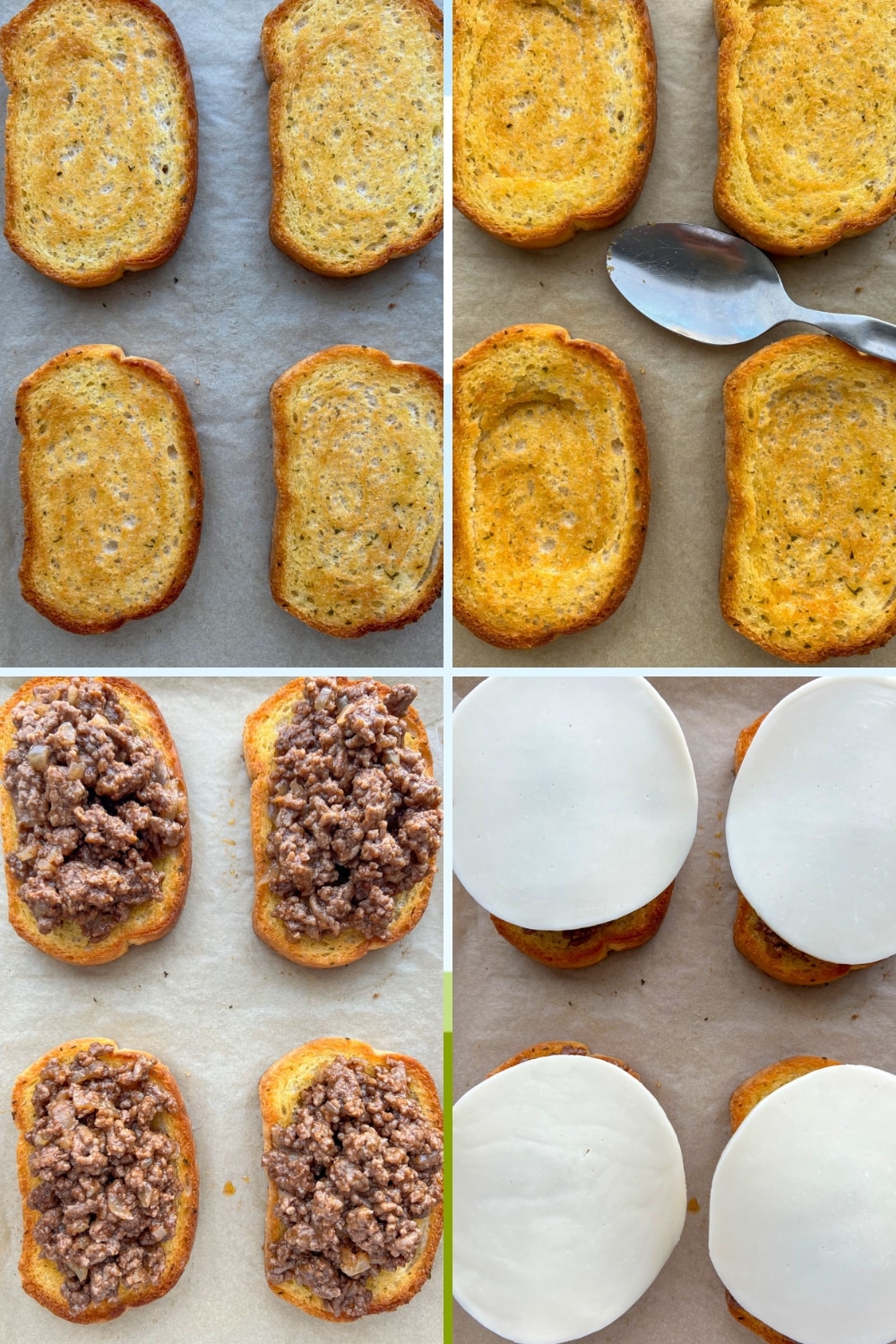 4 PHOTOS SHOWING HOW TO ASSEMBLE GARLIC BREAD SLOPPY JOES 