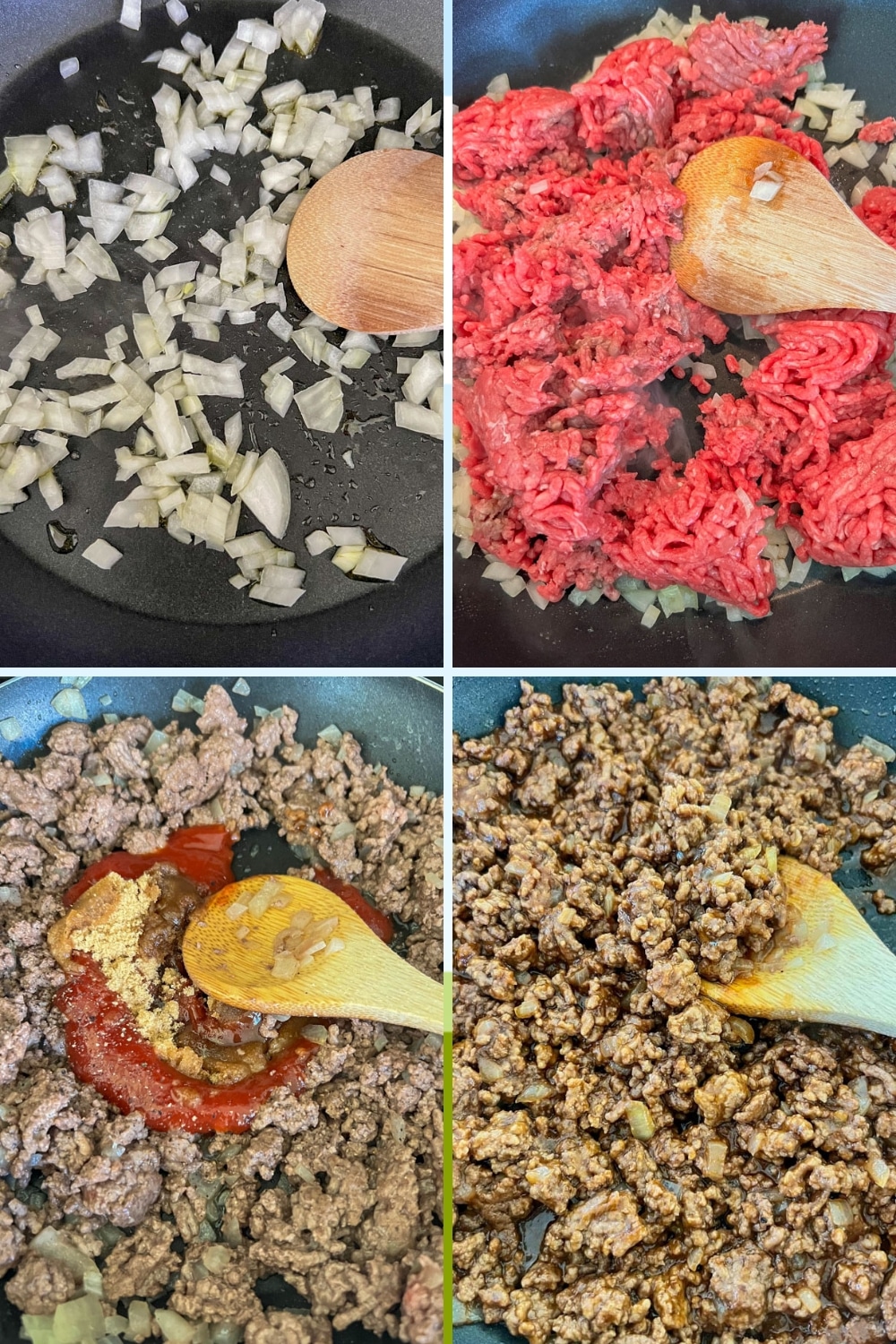 4 PHOTOS SHOWING HOW TO MAKE GARLIC BREAD SLOPPY JOES 