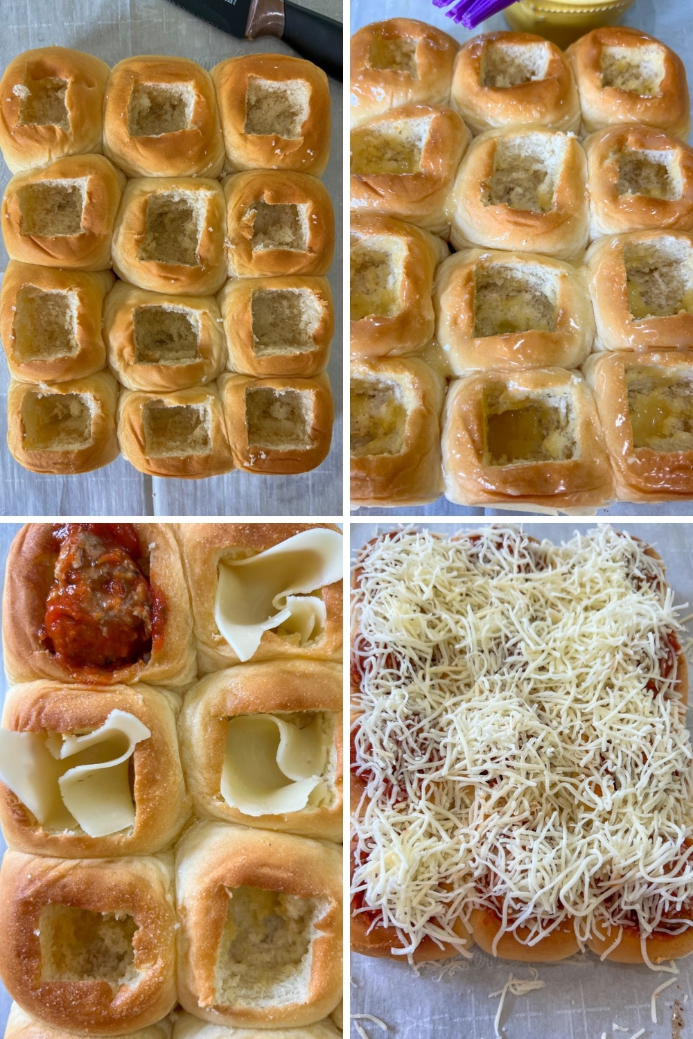 four photos showing how to make Hawaiian roll meatball sliders.