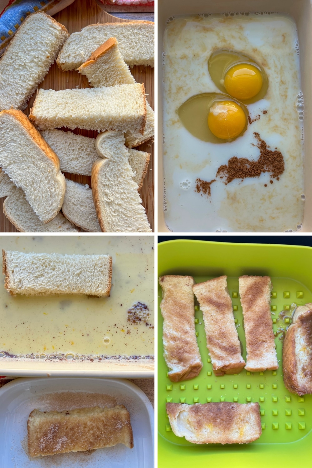 four photos showing how to make air fryer french toast sticks