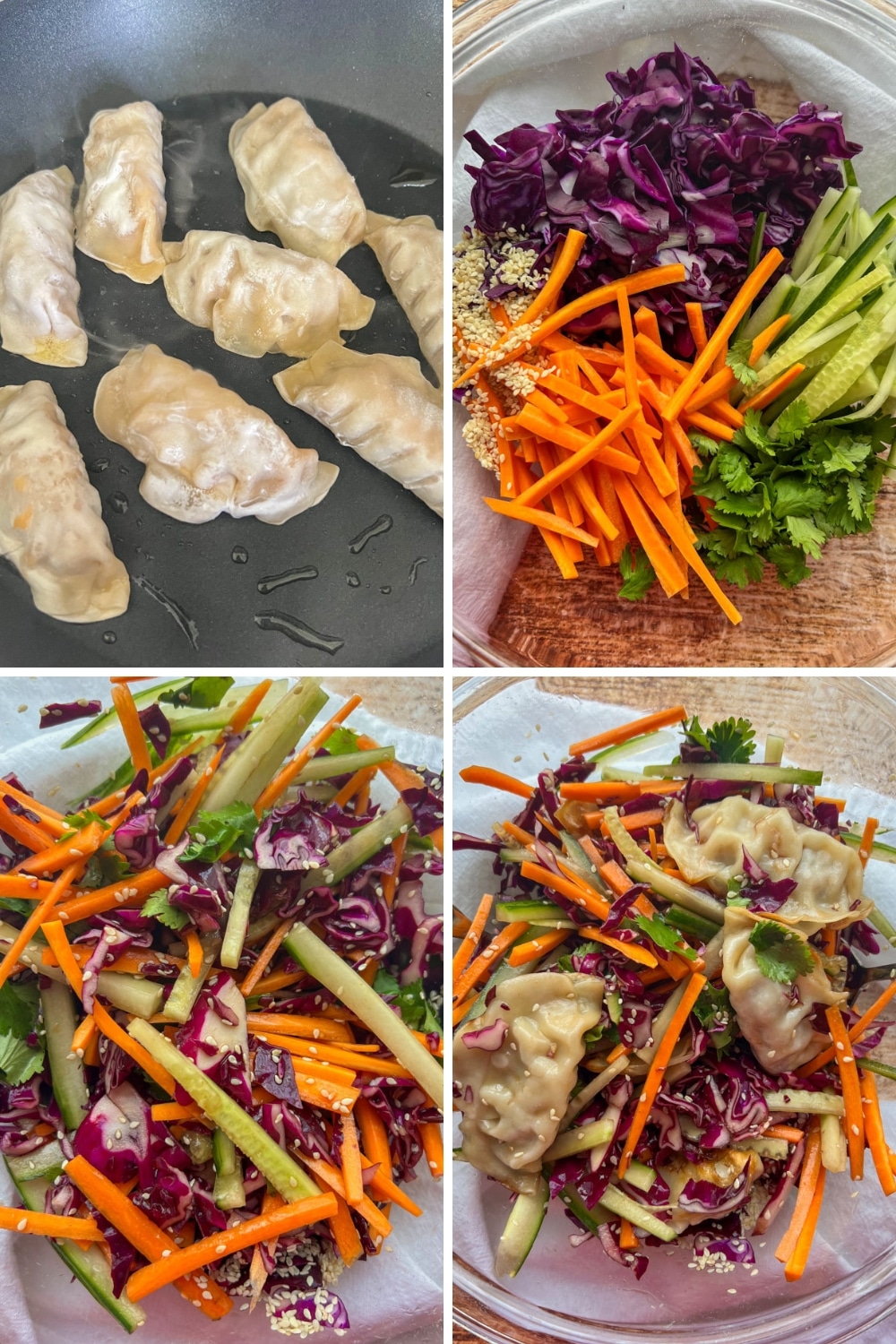 4 photos showing how to make Asian Dumpling Salad