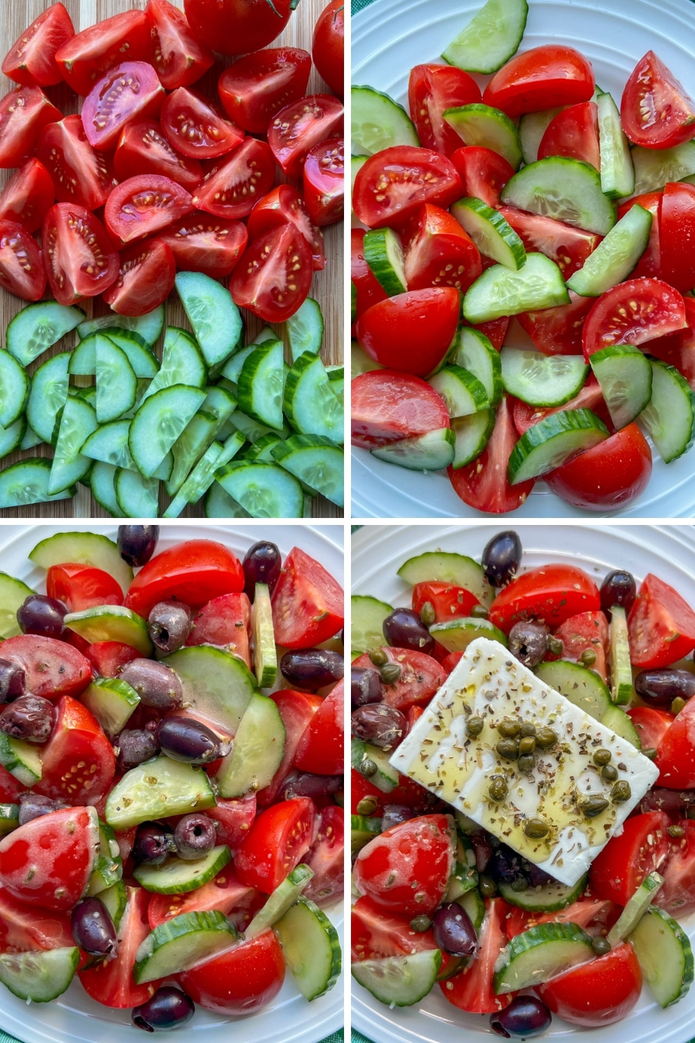 four photos showing how to make Greek Feta Salad
