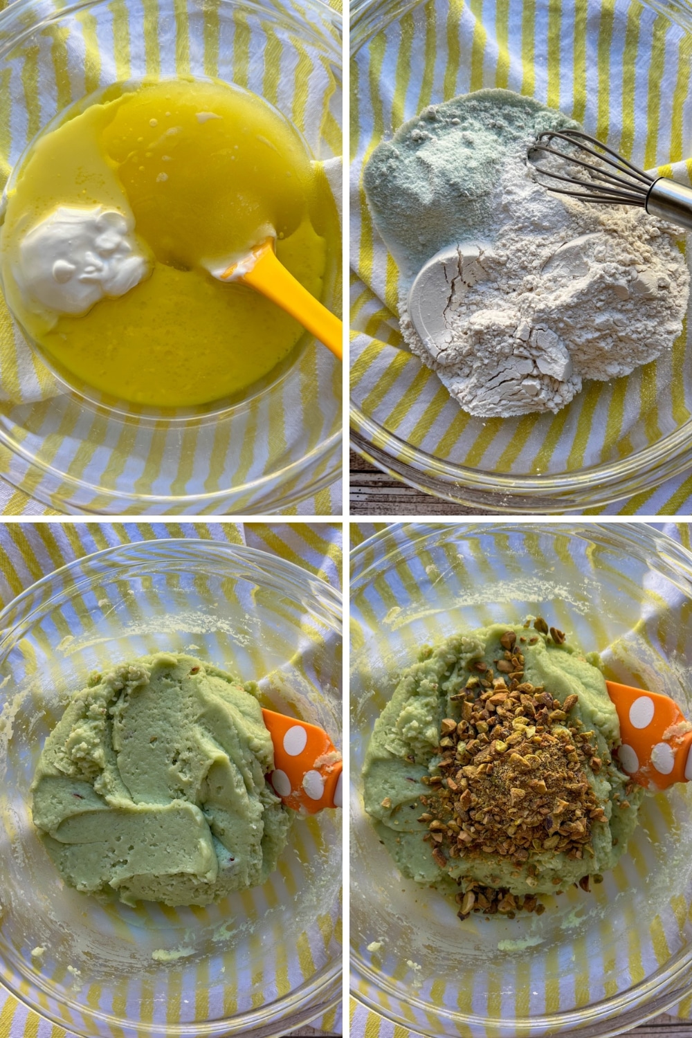 4 photos showing how to make pistachio olive oil bread