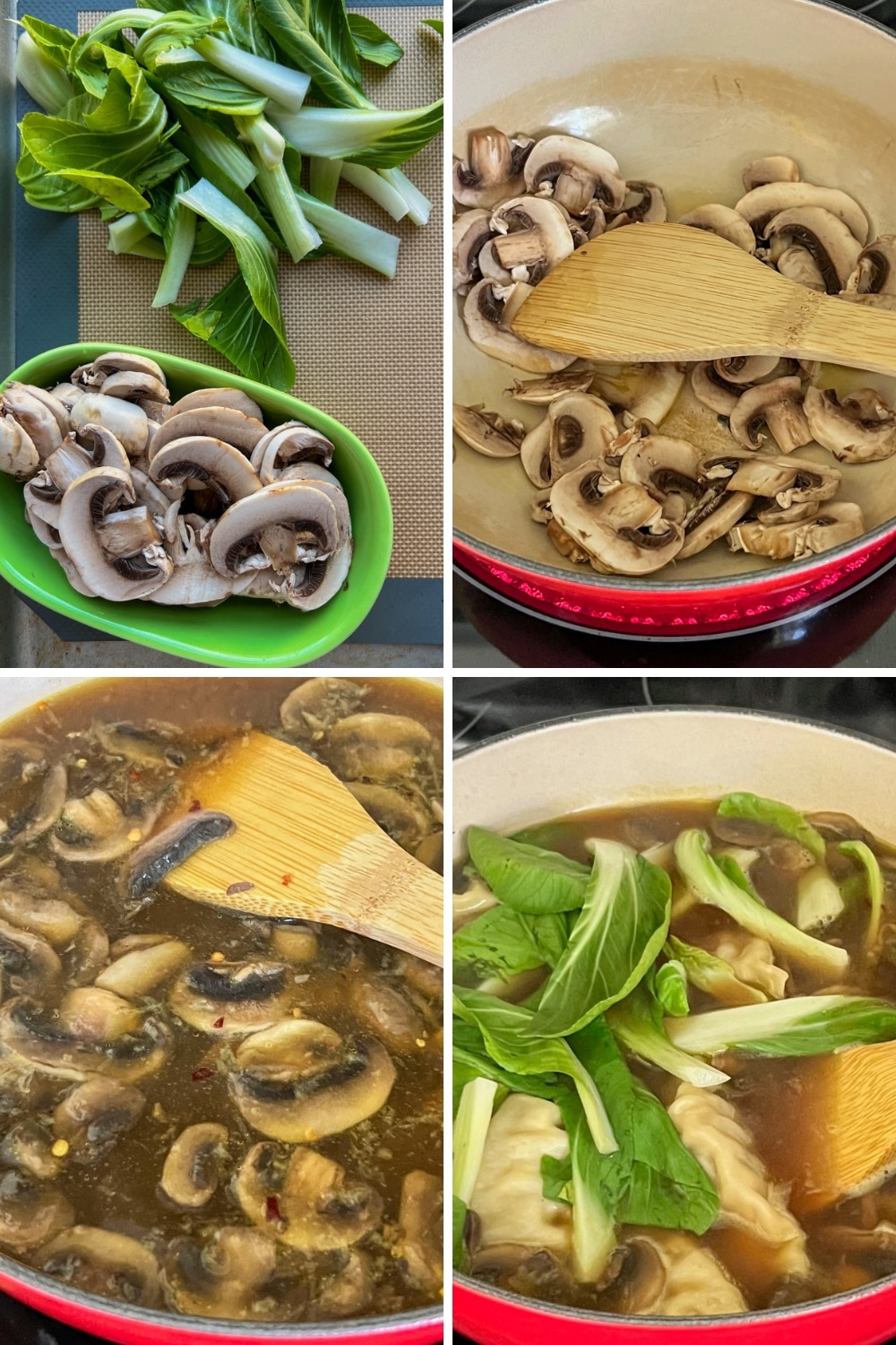 4 photos showing how to make potsticker soup