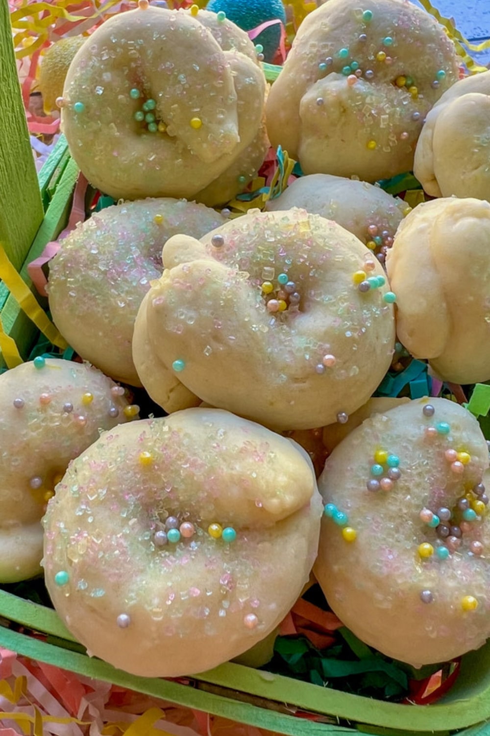 Close up of Italian Easter cookies in an Easter basket