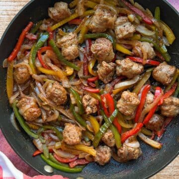 Skillet of sausage, onions, peppers