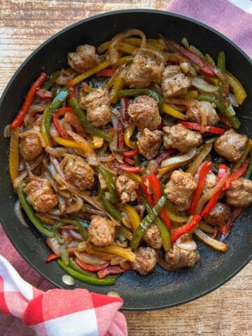 Skillet of sausage, onions, peppers