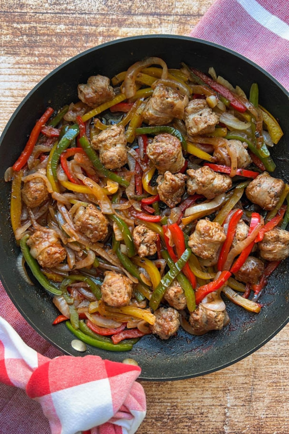 Skillet of sausage, onions, peppers